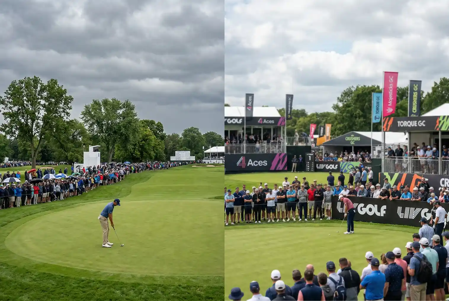 Comparativa visual de campos de golf del PGA Tour y LIV Golf con indicadores de volumen de apuestas